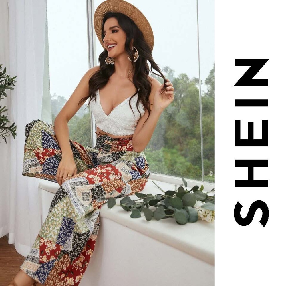 SHEIN VCAY Ditsy Floral Patchwork Wide Leg Pants